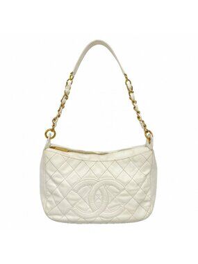 Chanel Shoulder Bag Quilted Caviar Leather White Gold